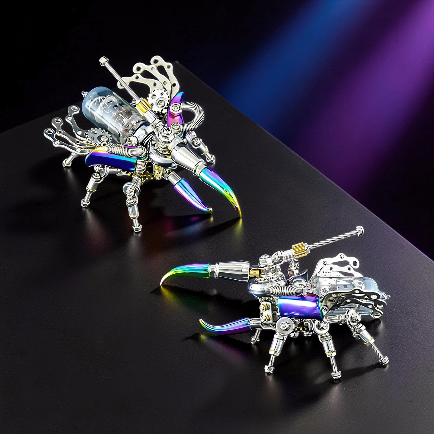 The Curious Mind Punk Beetle 3D metal model kit, steampunk-inspired, with iridescent accents and glass tube detail.