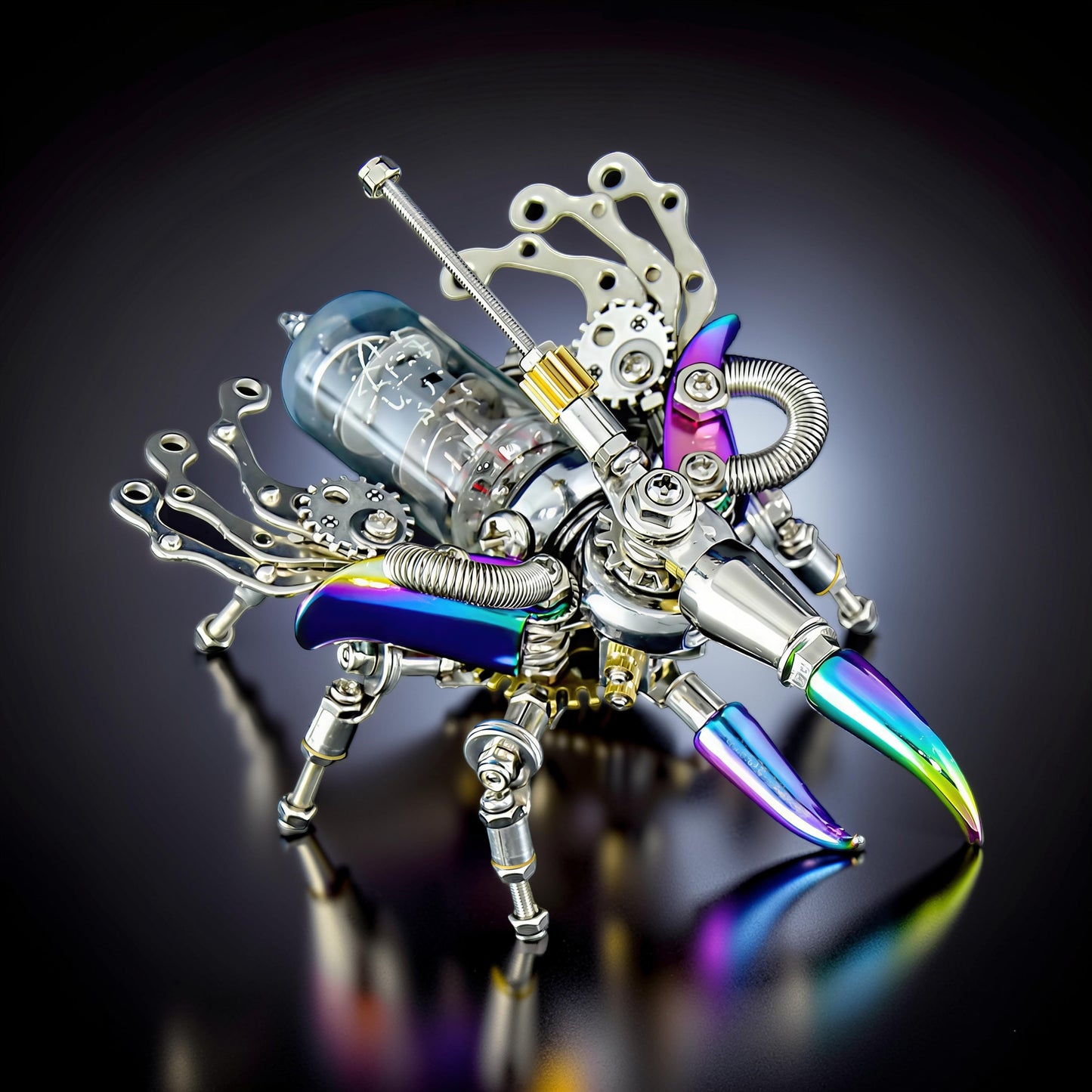 The Curious Mind Punk Beetle 3D metal model kit, steampunk insect with iridescent accents and glass tube body.