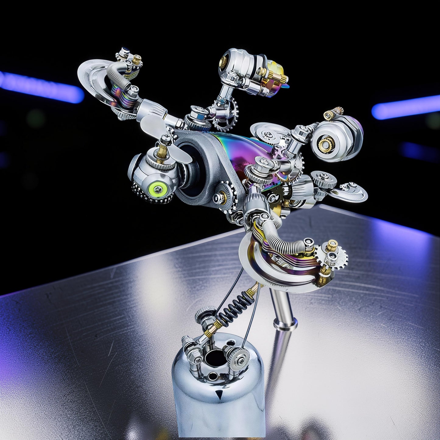 The Curious Mind Punk-Style 3D metal model kit of a mechanical turtle with intricate gears and iridescent accents.