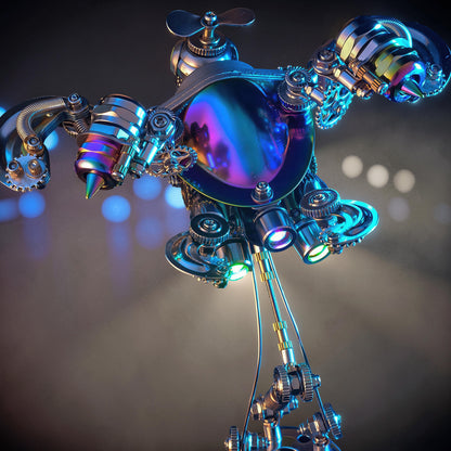The Curious Mind Punk-Style 3D metal model kit of a mechanical turtle with iridescent shell and intricate gears.