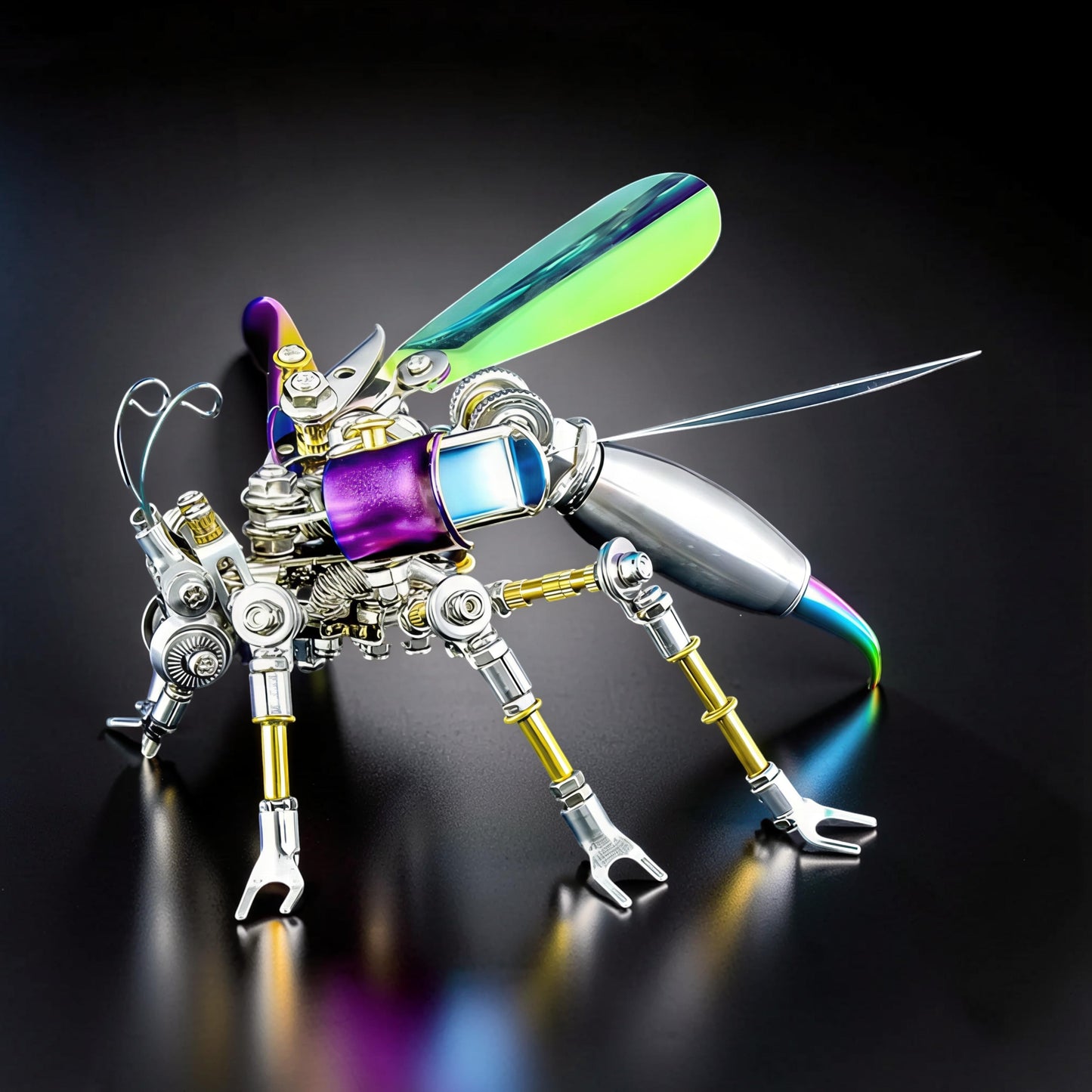 The Curious Mind Punk Wasp 3D metal model kit, a steampunk-inspired mechanical insect with iridescent wings and metallic body.