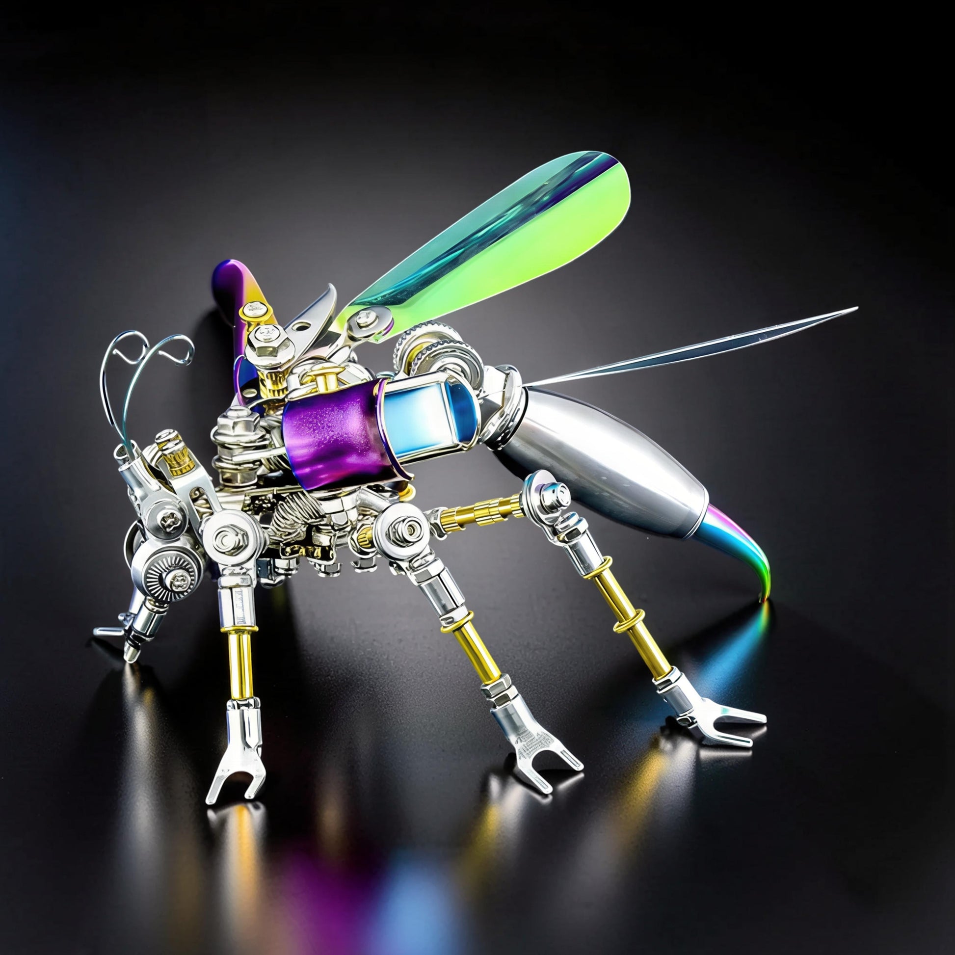 The Curious Mind Punk Wasp 3D metal model kit, a steampunk-inspired mechanical insect with iridescent wings and metallic body.