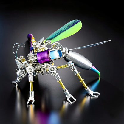 The Curious Mind Punk Wasp 3D metal model kit, a steampunk-inspired mechanical insect with iridescent wings and metallic body.
