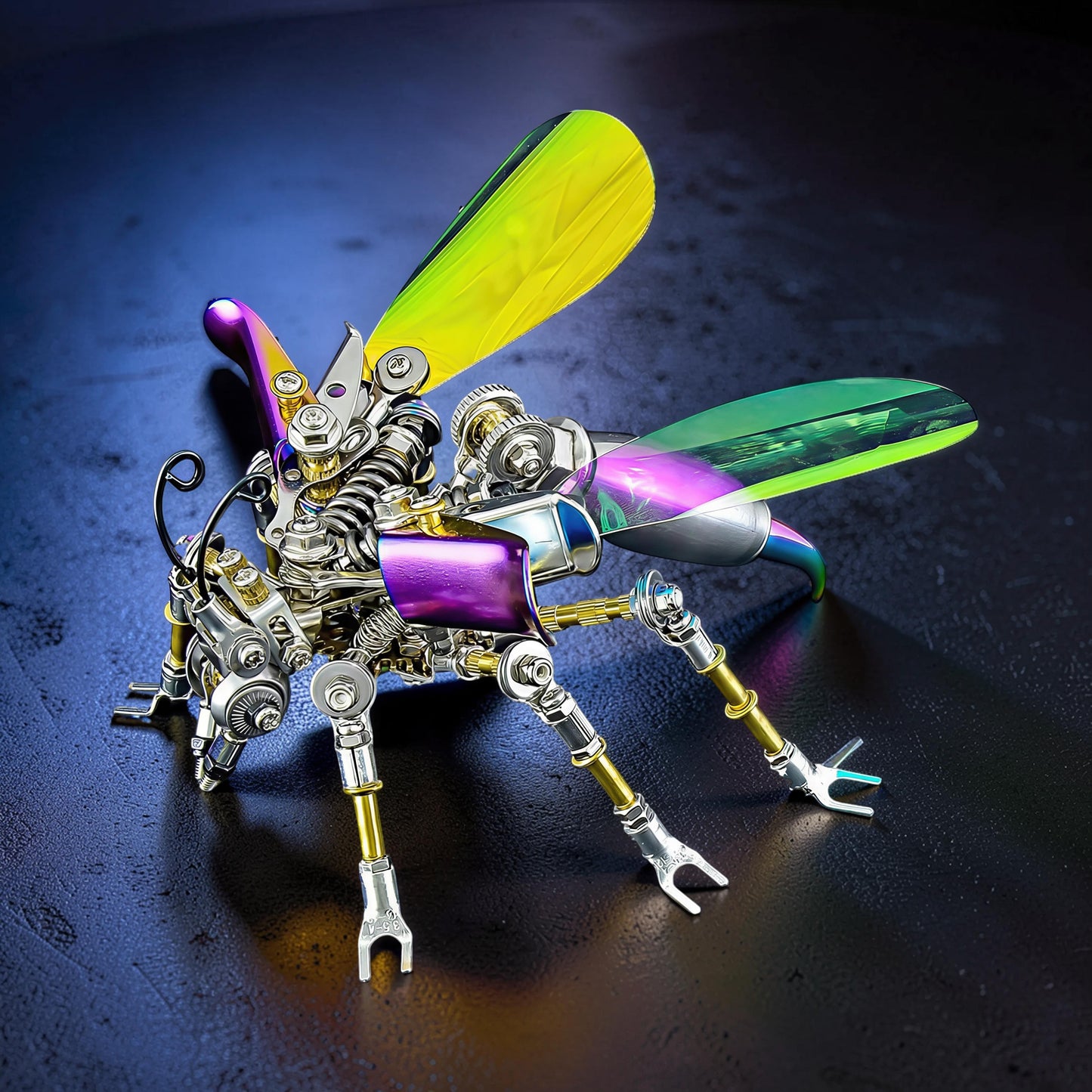The Curious Mind Punk Wasp 3D metal model kit, a steampunk insect with metallic silver, purple, and gold accents, and iridescent wings.