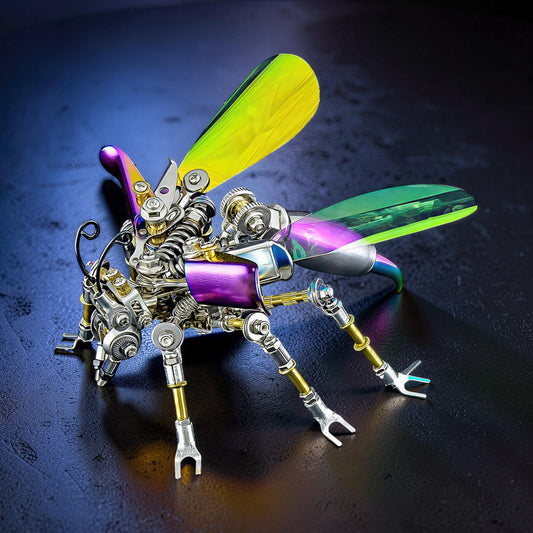 The Curious Mind Punk Wasp 3D metal model kit, a steampunk insect with metallic silver, purple, and gold accents, and iridescent wings.