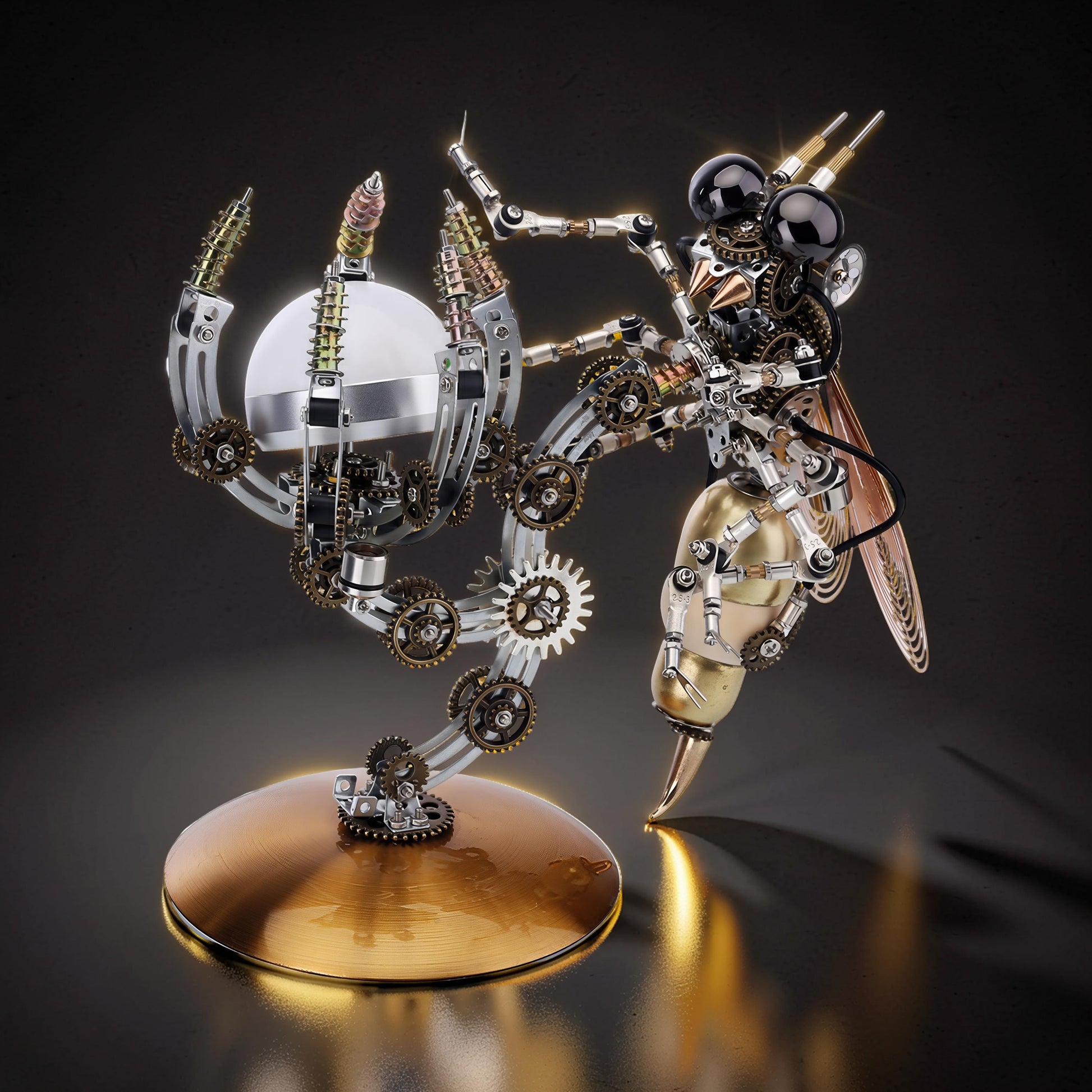 The Curious Mind Punk Wasp 3D metal model kit with moon planet base, featuring intricate gears and lighting.