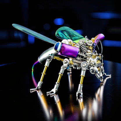 The Curious Mind Punk Wasp 3D metal model kit, a steampunk-inspired mechanical insect with iridescent wings and metallic purple body.