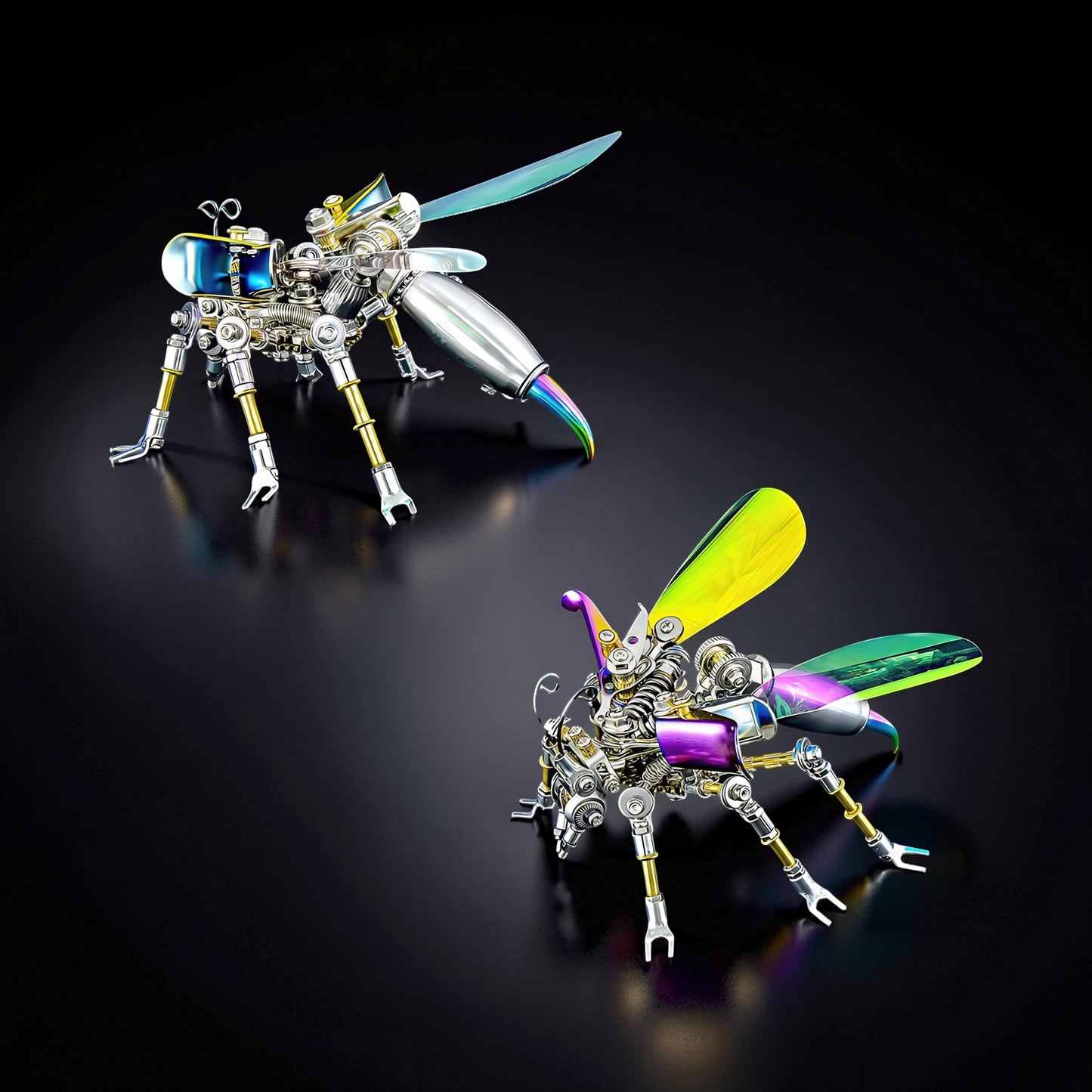 The Curious Mind Punk Wasp 3D metal model kit features intricate mechanical details, iridescent wings, and a steampunk aesthetic. Two assembled models are shown against a black background.