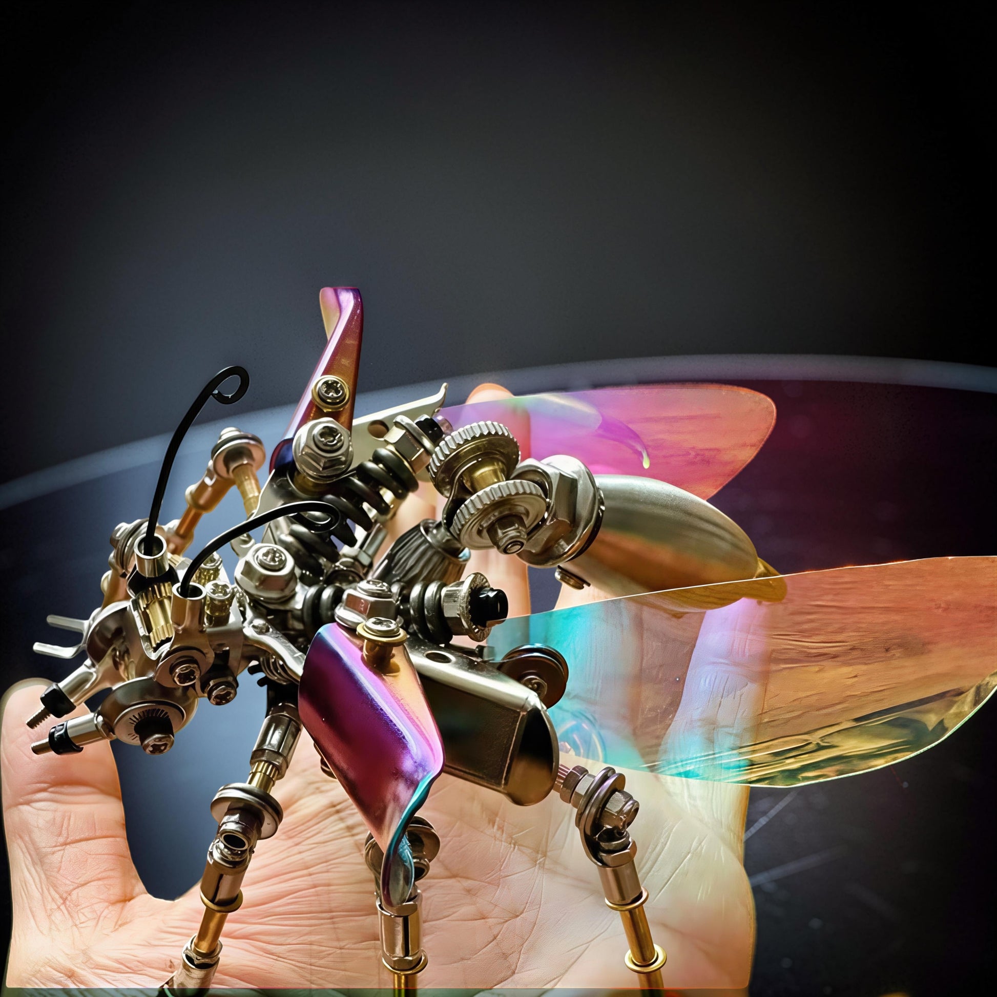 The Curious Mind Punk Wasp 3D metal model kit with iridescent wings and metallic body, held in a hand.