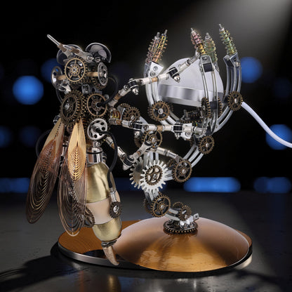 The Curious Mind Punk Wasp 3D metal model kit with intricate gears, metallic wings, and a moon planet base. Features LED lighting.