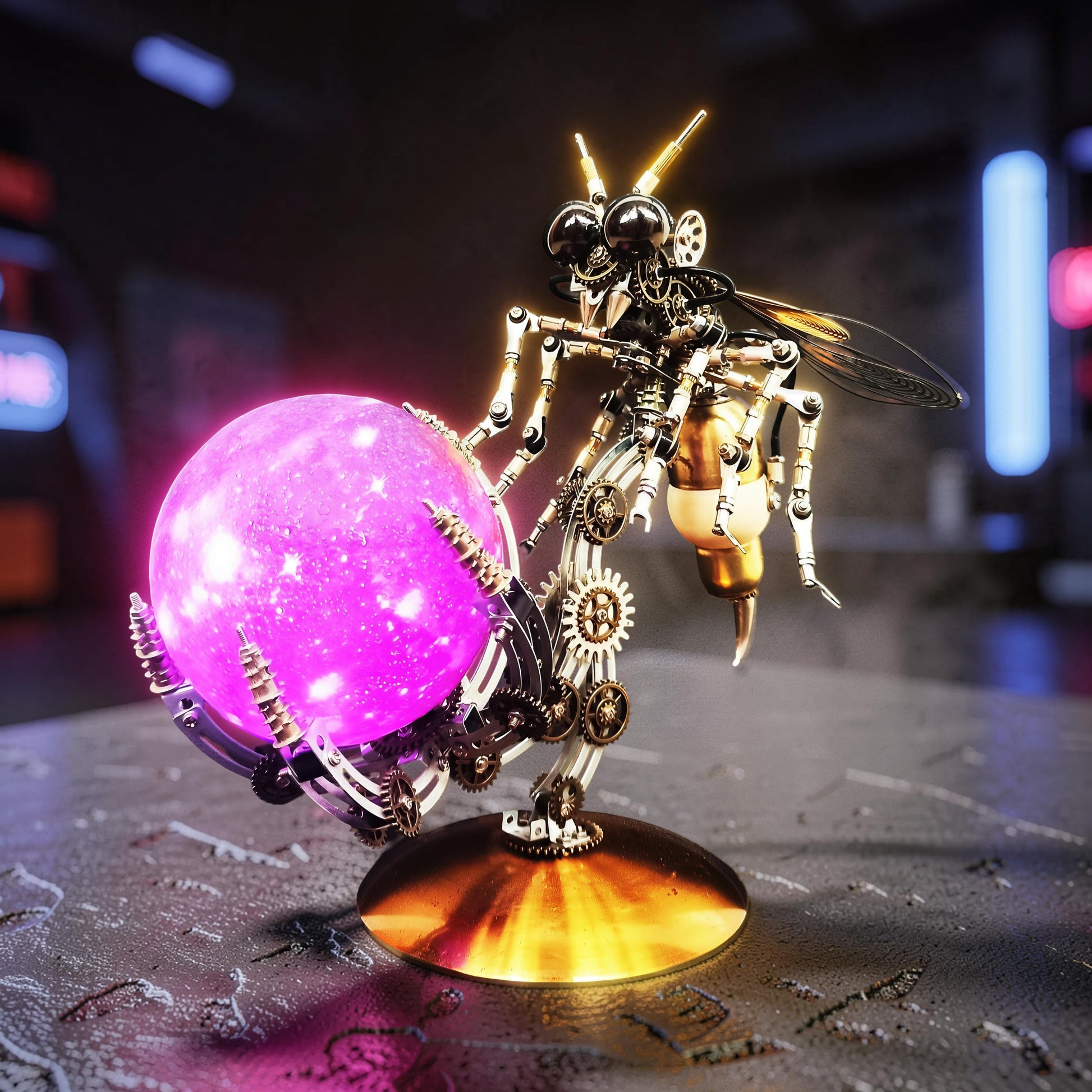 The Curious Mind Punk Wasp 3D metal model kit with glowing pink moon planet base. Steampunk mechanical insect.