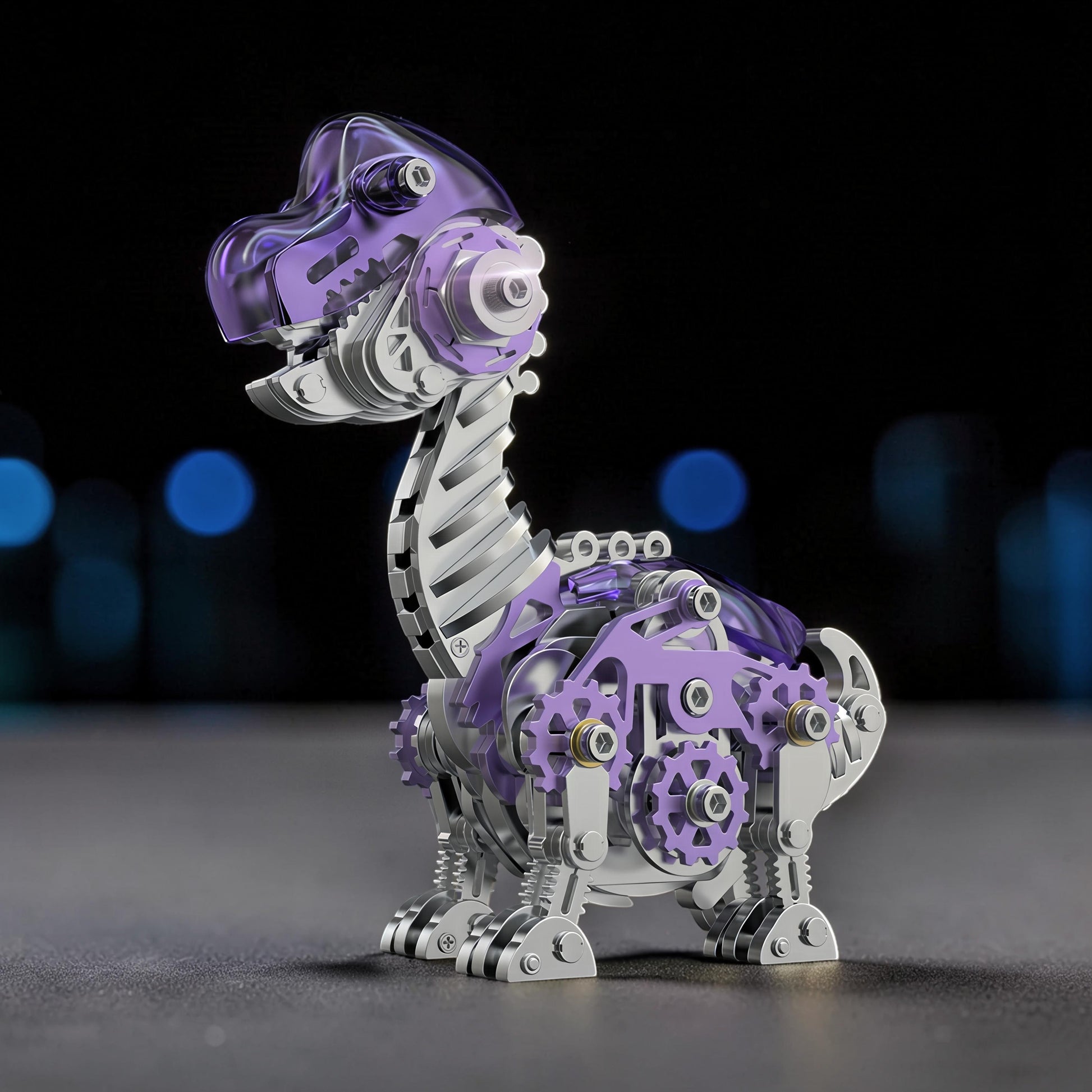 The Curious Mind Brachiosaurus 3D metal model kit in purple and silver with intricate gears and mechanical details.