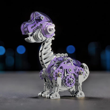 The Curious Mind Brachiosaurus 3D metal model kit in purple and silver with intricate gears and mechanical details.