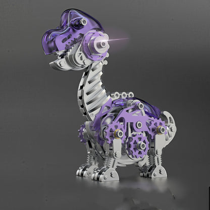 The Curious Mind Brachiosaurus 3D metal model kit with purple accents and visible gears. Steampunk dinosaur toy.