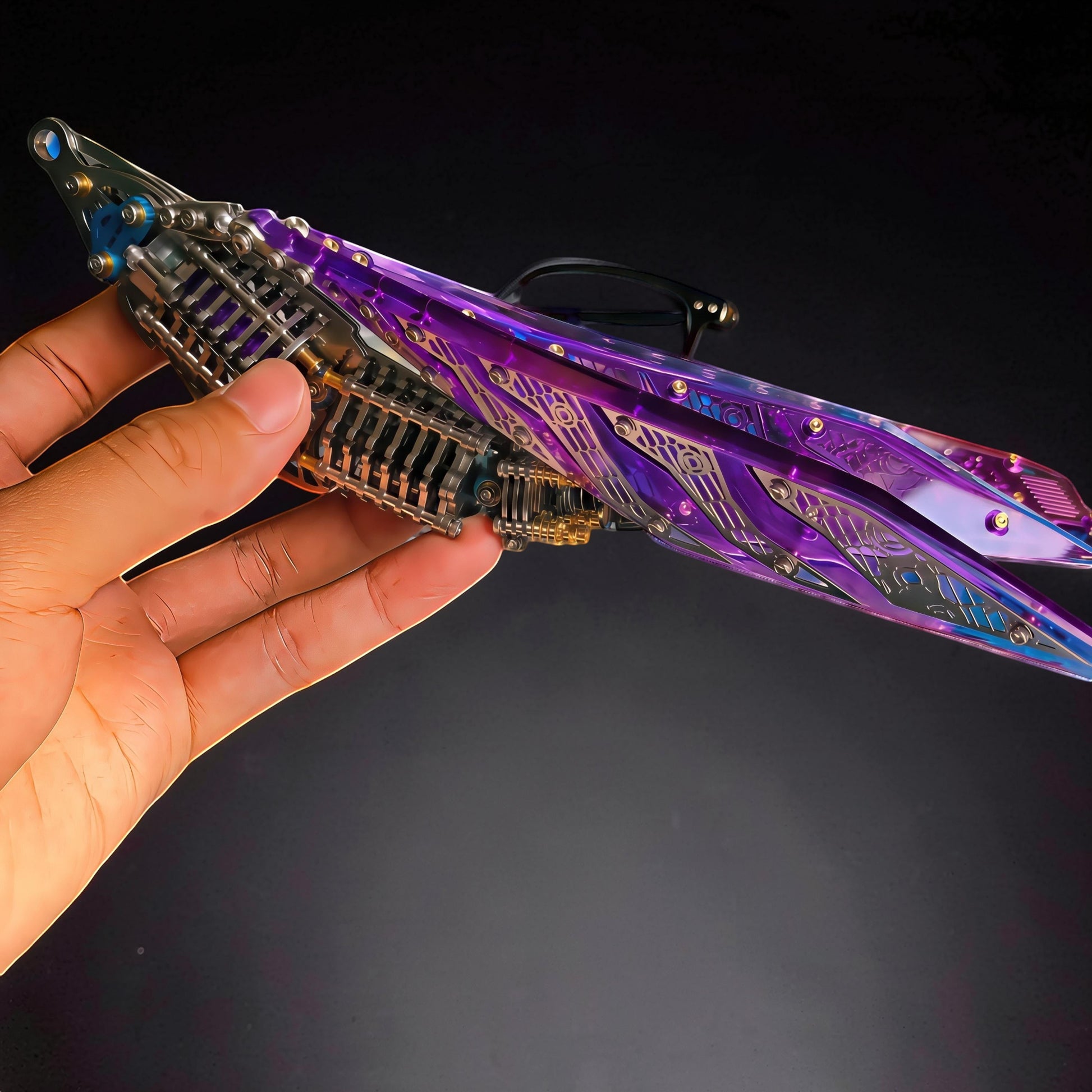 The Curious Mind Mechanical Mantis 3D metal model kit, featuring intricate purple iridescent metal plates and detailed mechanical components.