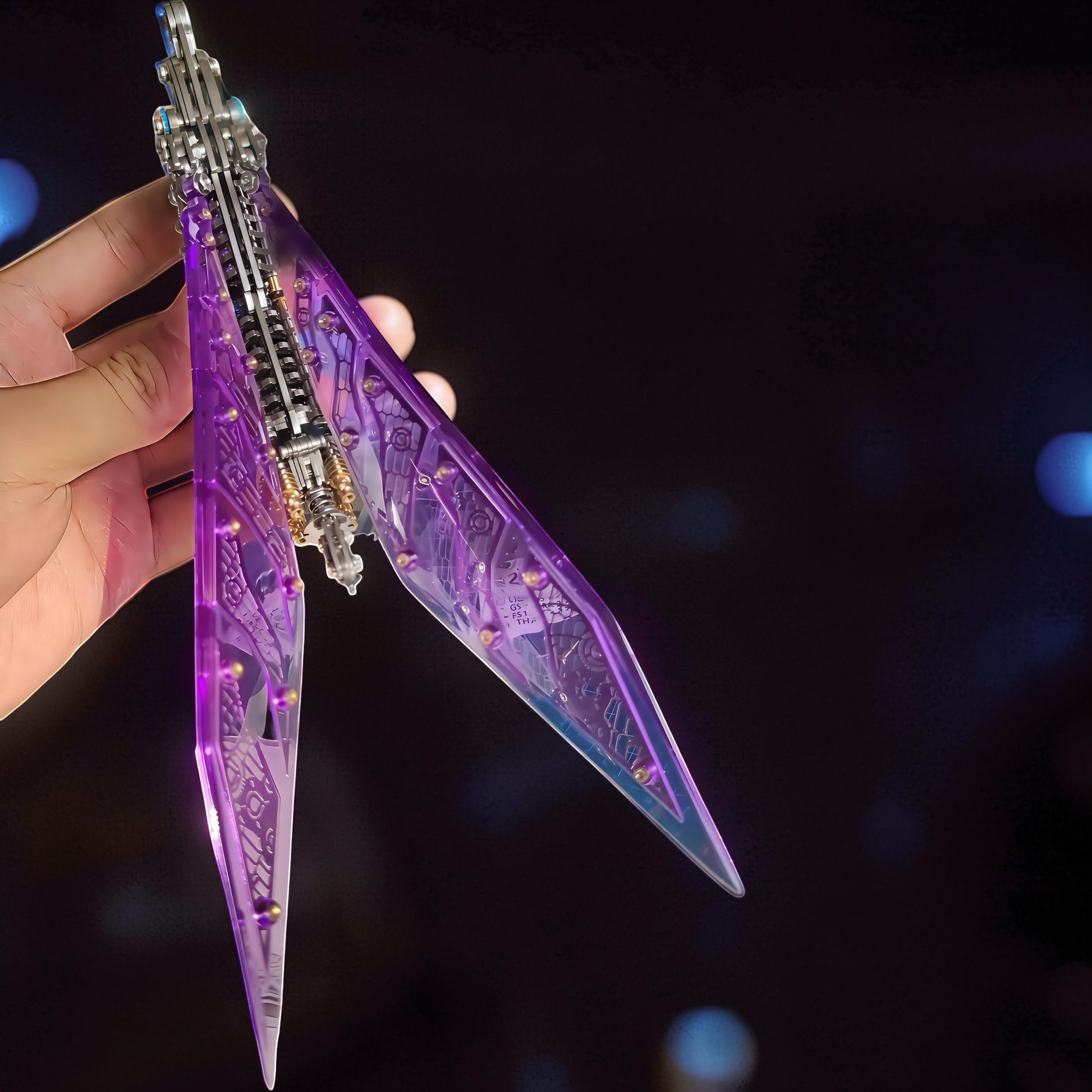 The Curious Mind Mechanical Mantis 3D metal model kit with translucent purple wings and intricate metal details.