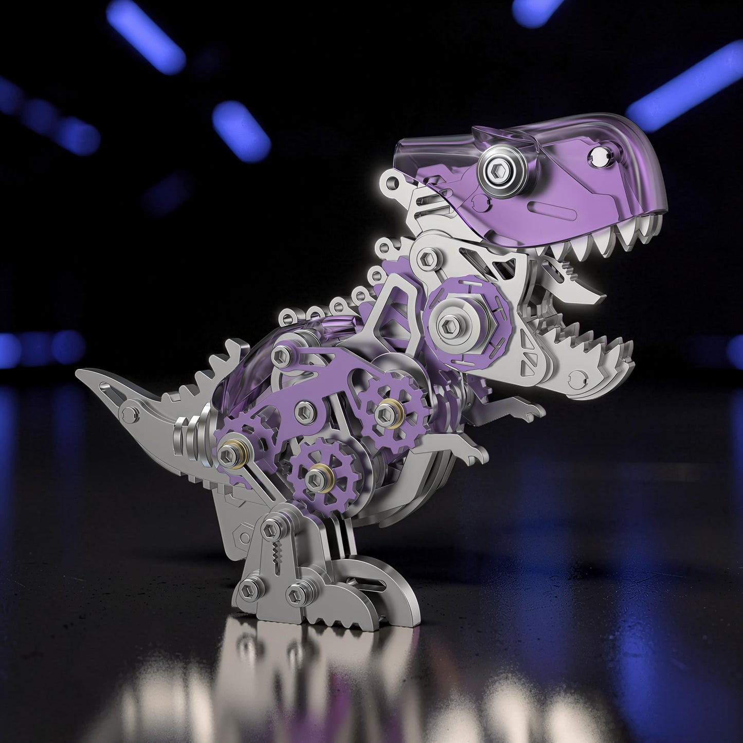 The Curious Mind's purple and silver metal T-Rex model kit with visible gears and transparent head.