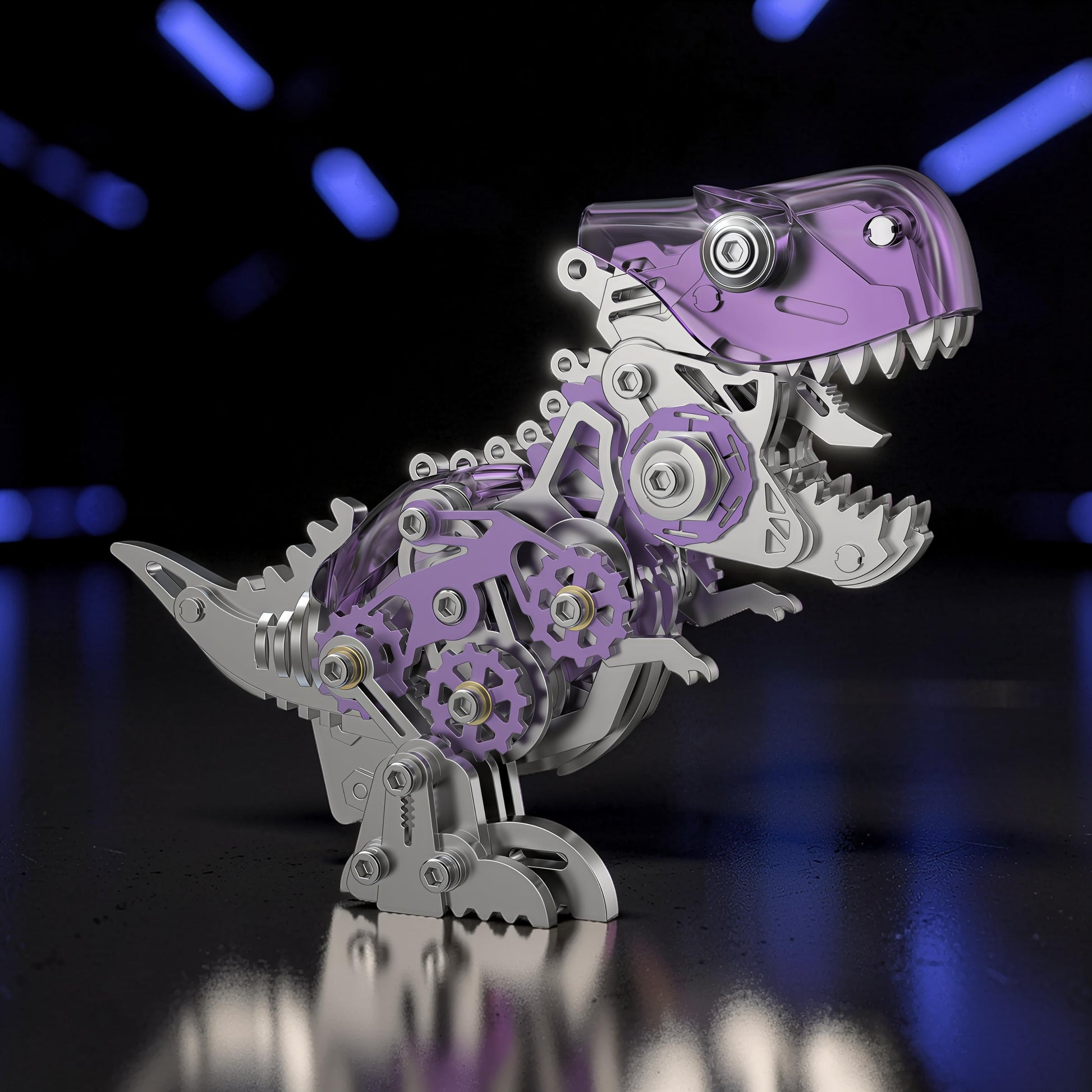 The Curious Mind's purple and silver metal T-Rex model kit with visible gears and transparent head.