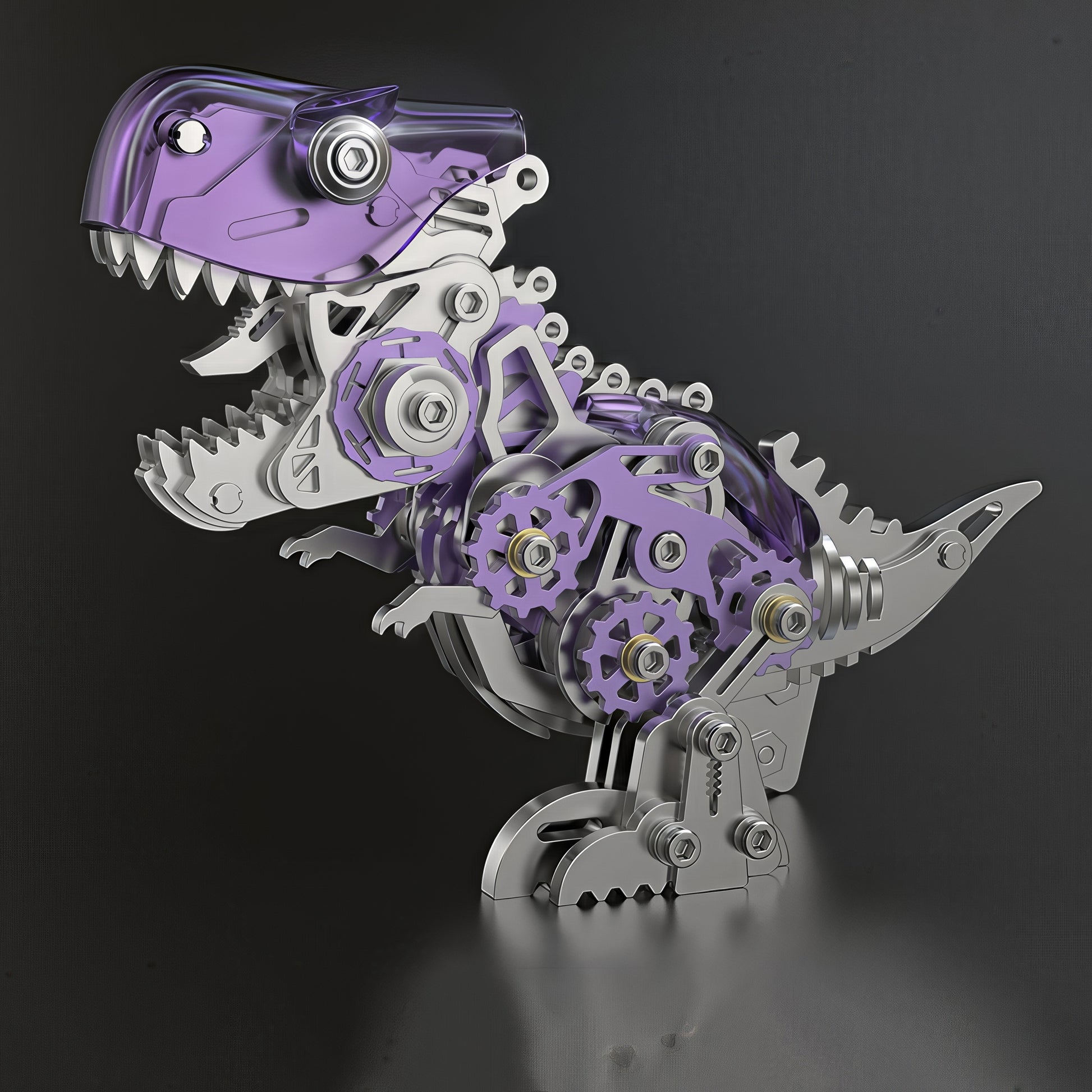 The Curious Mind's purple and silver metal T-Rex model kit with visible gears and transparent purple head.