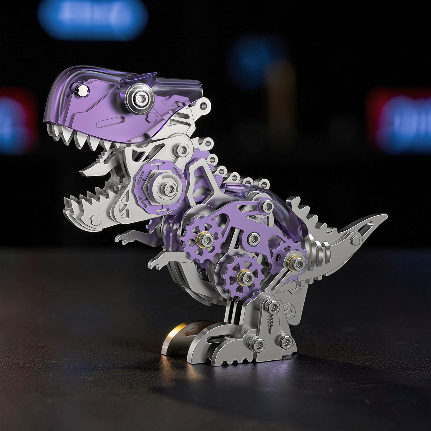 The Curious Mind Seahorse Premium 3D Metal Model Kit, a purple and silver steampunk T-Rex with visible gears and a clear head.