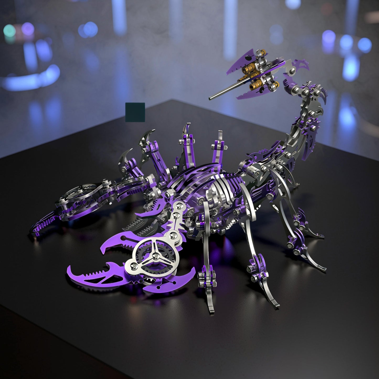 The Curious Mind Mechanical Scorpion 3D metal model kit in purple and silver with intricate gears and joints.