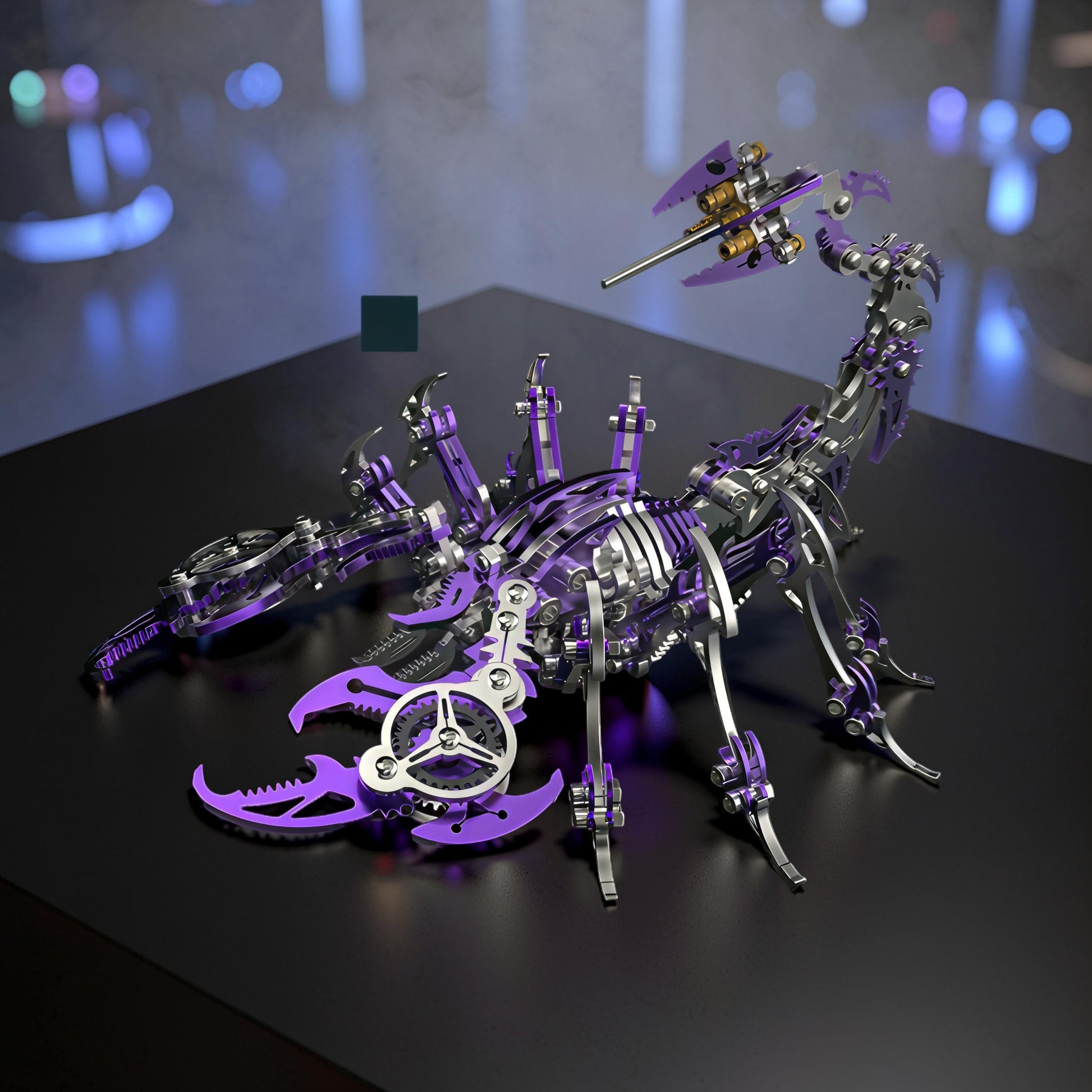The Curious Mind Mechanical Scorpion 3D metal model kit in purple and silver with intricate gears and joints.