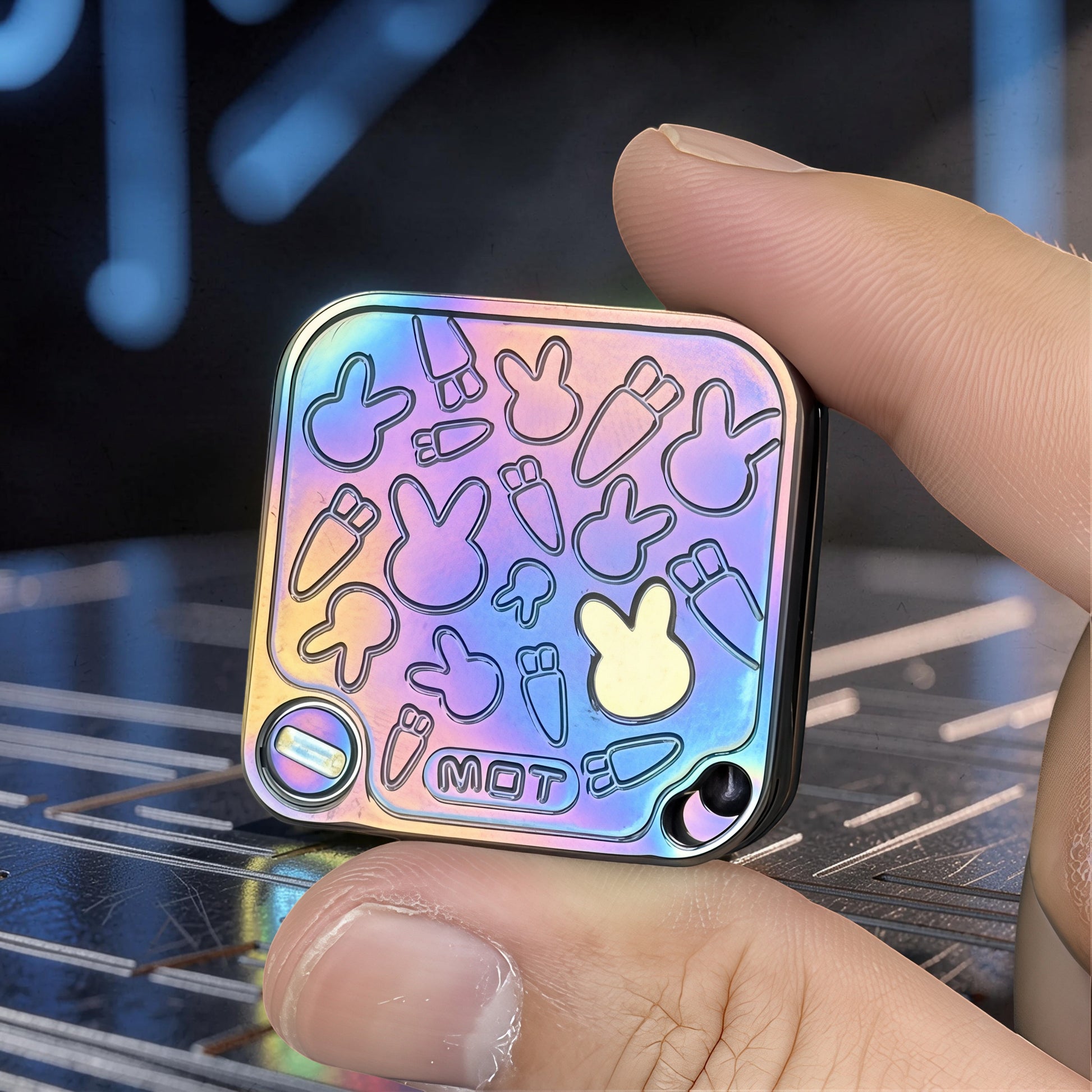 The Curious Mind Rabbit Tuning Fork Clicker fidget toy with a rainbow iridescent metal finish and embossed bunny and carrot designs.