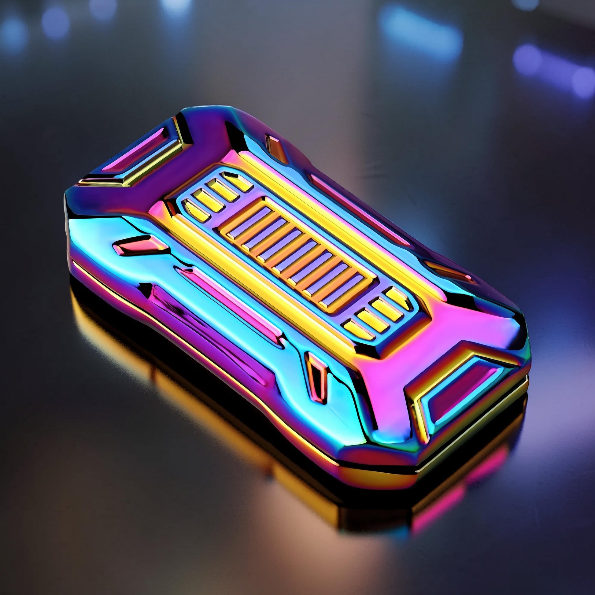 The Curious Mind Mini Sportscar Slider Fidget: a compact, metallic, rainbow-colored push fidget with a modern, industrial design and satisfying magnetic slider action.