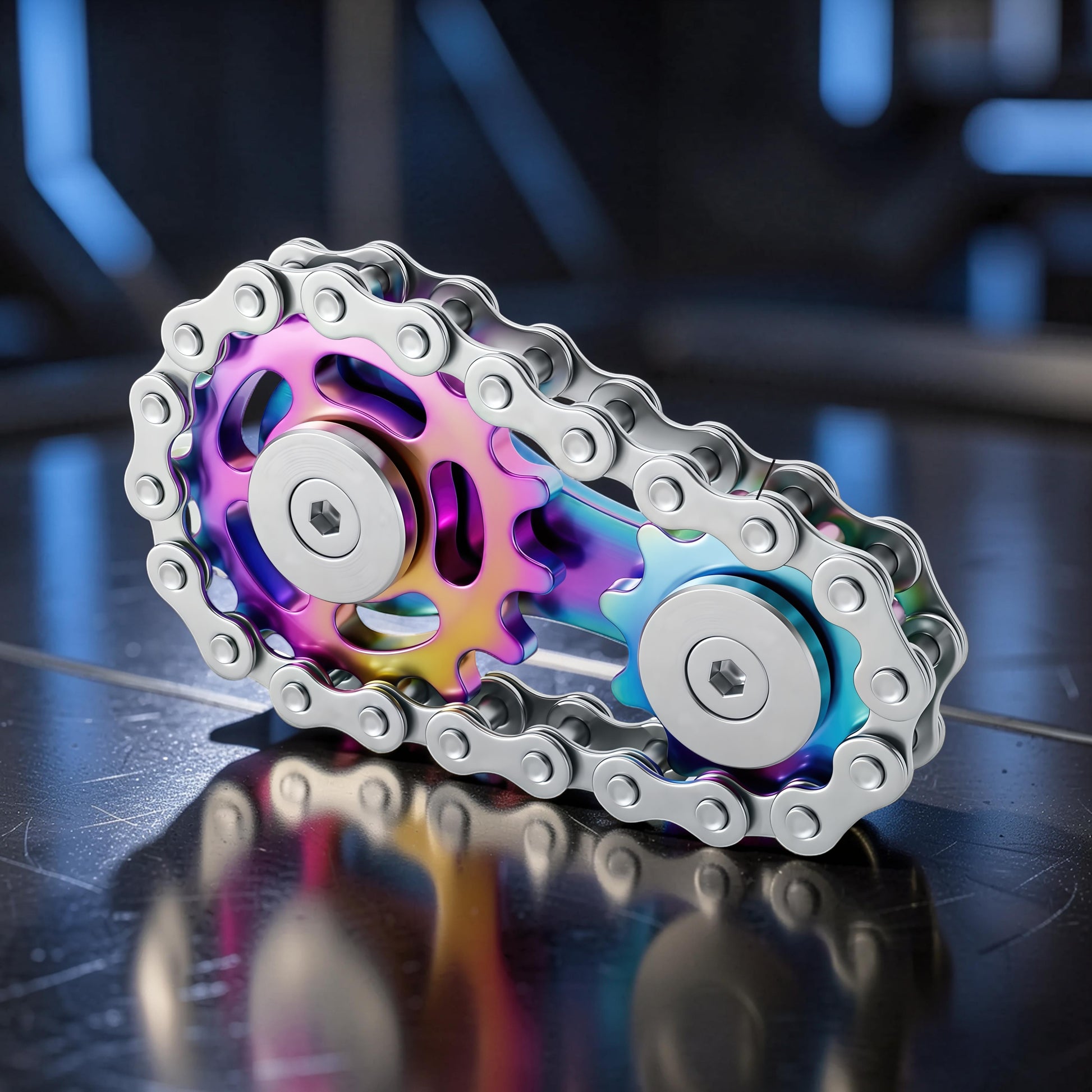 The Curious Mind Gear Chain Sprocket Spinner features a rainbow-colored metal sprocket and chain, designed for satisfying rotation and focus.