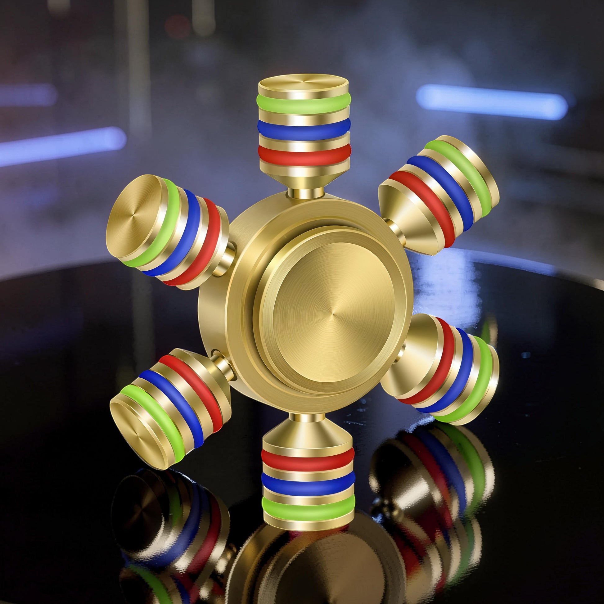 The Curious Mind Rainbow Metal Hand Spinner with red, blue, and green accents. Premium EDC fidget toy.