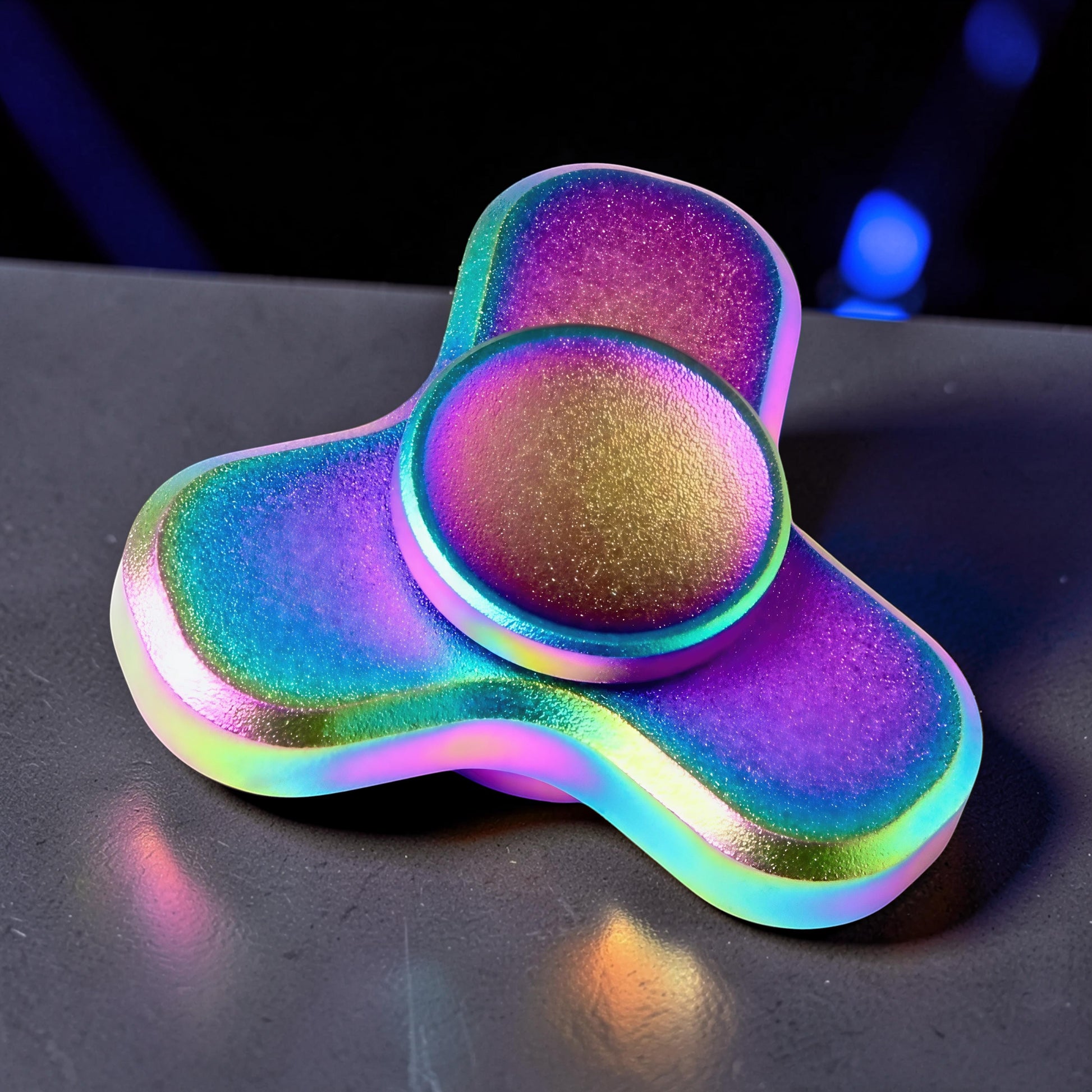 The Curious Mind Mini Elf Hand Spinner in iridescent rainbow metal finish, a compact EDC fidget toy.