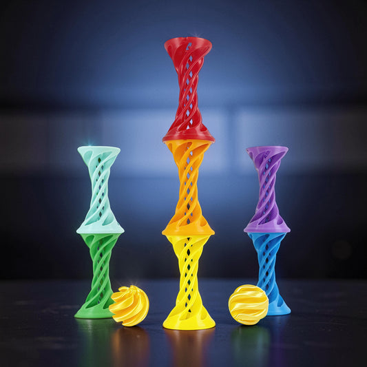 The Curious Mind Rainbow Spiral Ejection Ball fidget toy, made of PLA, in stacked rainbow colors with a matching ball.