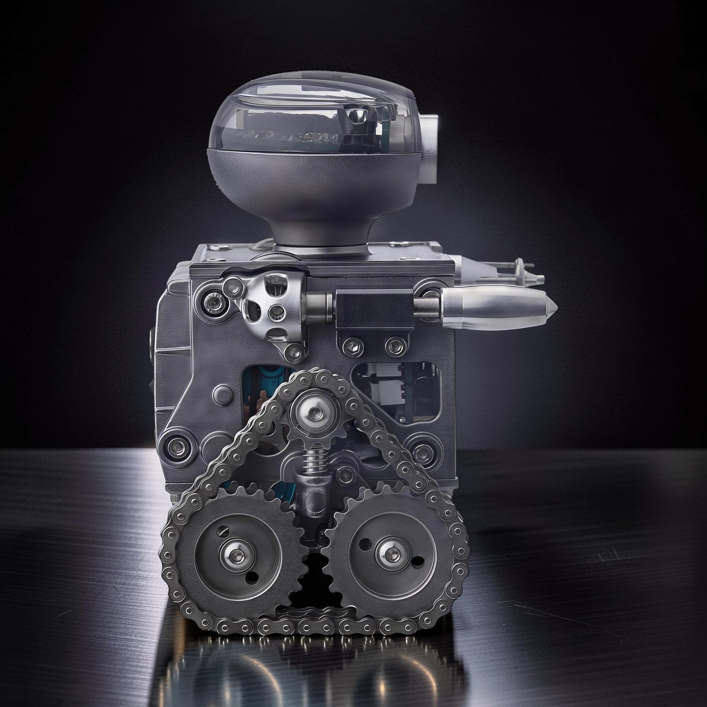 The Curious Mind RC Tank Robot DIY Kit, a metal mecha build with gears and tracks, featuring a clear dome head.