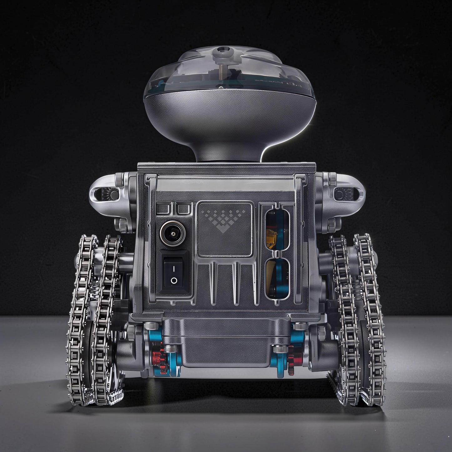 The Curious Mind RC Tank Robot DIY Kit, a metal mecha build with dual tracks, clear dome head, and visible internal components.