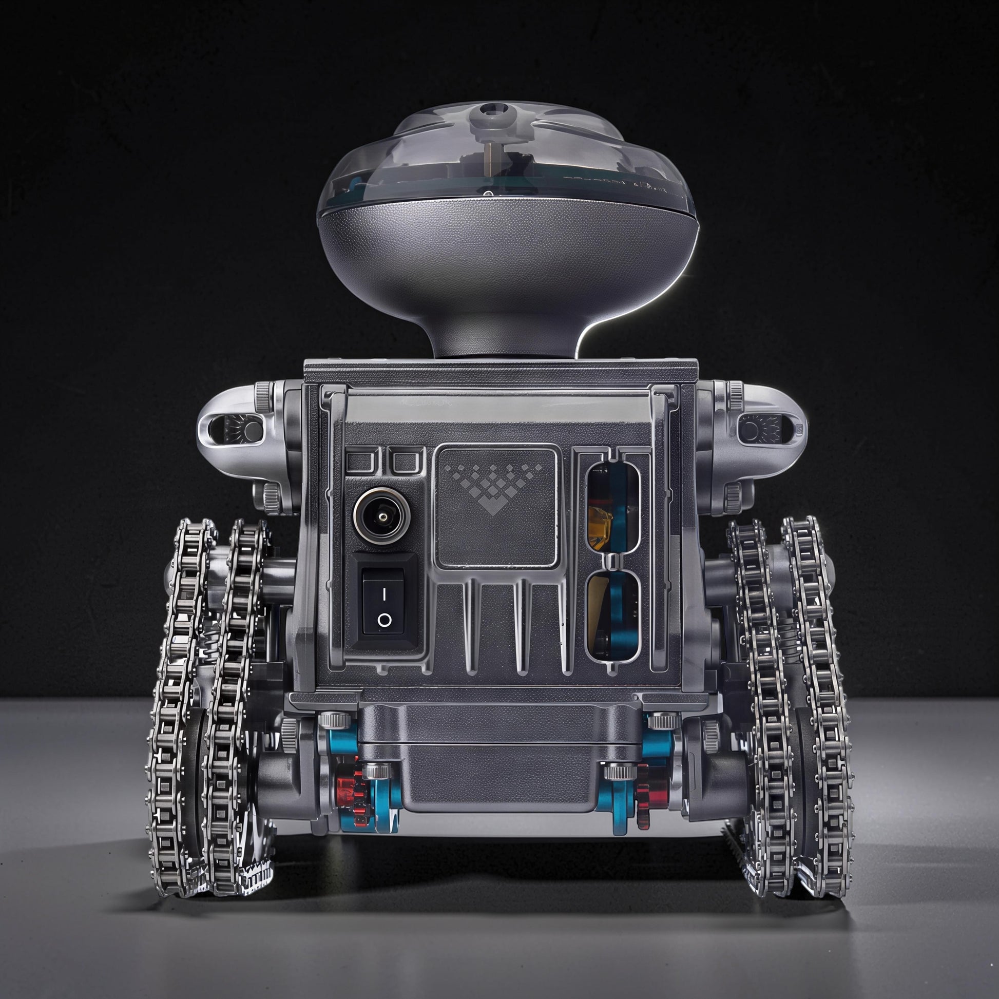 The Curious Mind RC Tank Robot DIY Kit, a metal mecha build with dual tracks, clear dome head, and visible internal components.