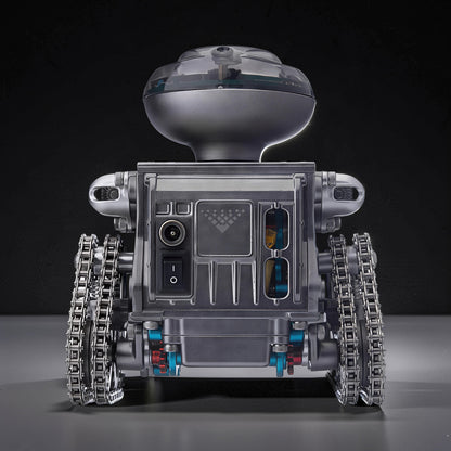 The Curious Mind RC Tank Robot DIY Kit, a metal mecha build with dual tracks, clear dome head, and visible internal components.