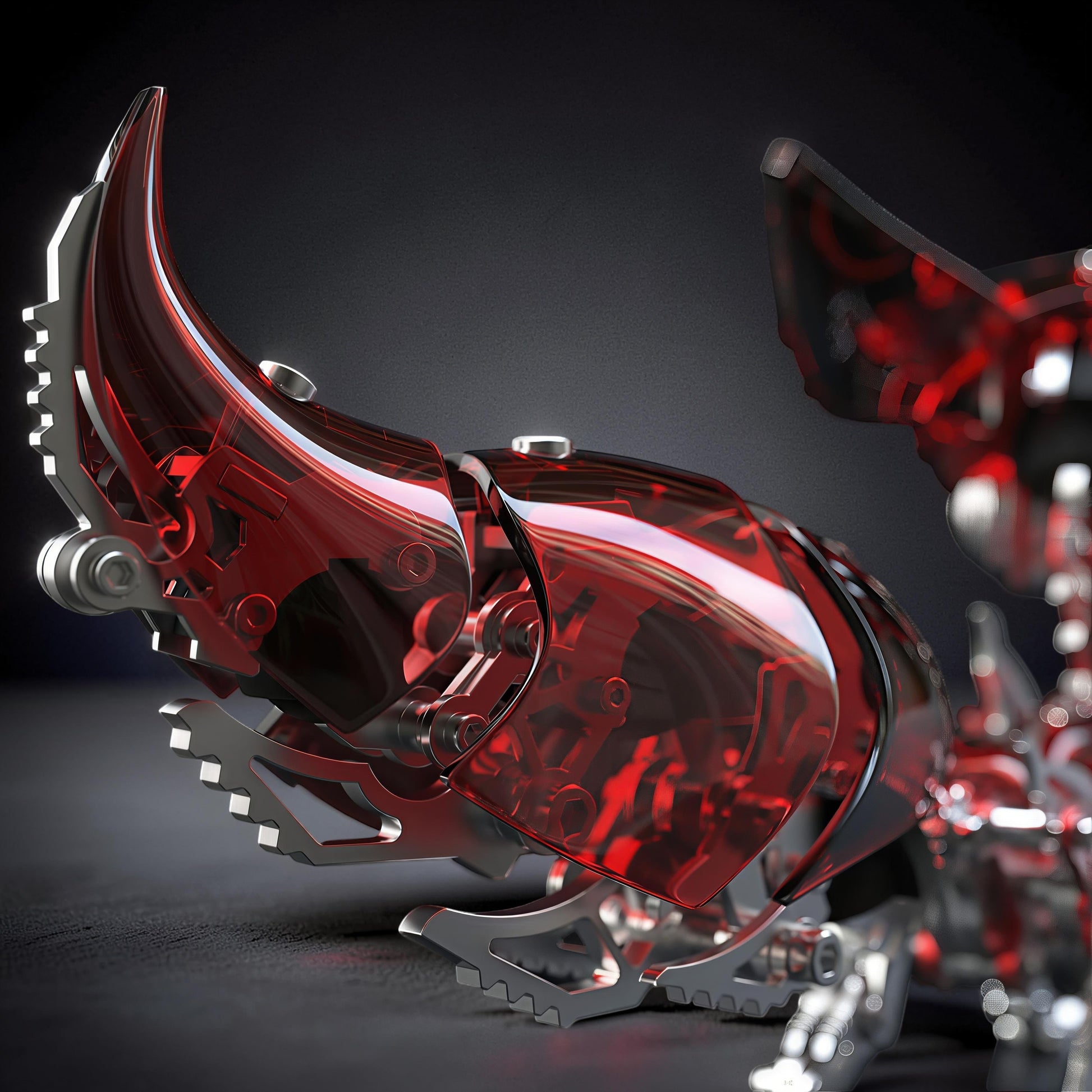 The Curious Mind Mechanical Fox 3D metal model kit with red translucent body and silver metal accents.