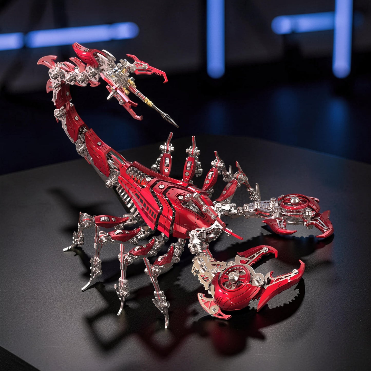 The Curious Mind Large Mechanical War Scorpion King 3D metal model kit in metallic red with intricate silver mechanical details.