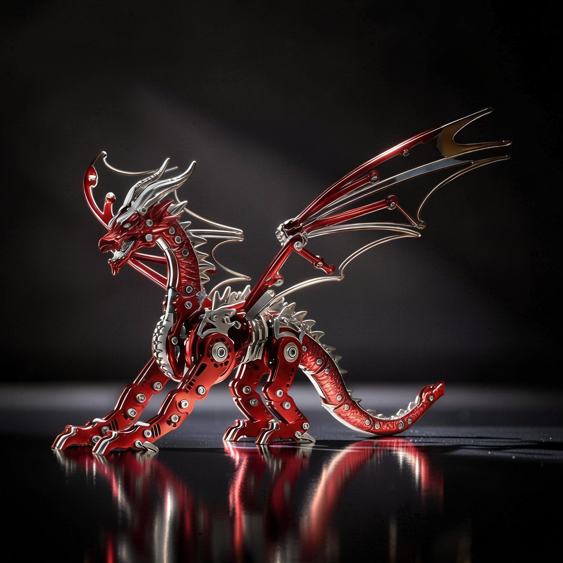 The Curious Mind Pterosaur DIY Kit: a detailed red and silver metal mechanical dragon model with intricate wings and gears.