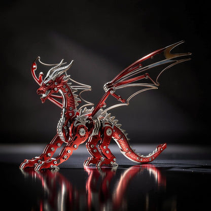 The Curious Mind Pterosaur DIY Kit: a detailed red and silver metal mechanical dragon model with intricate wings and gears.