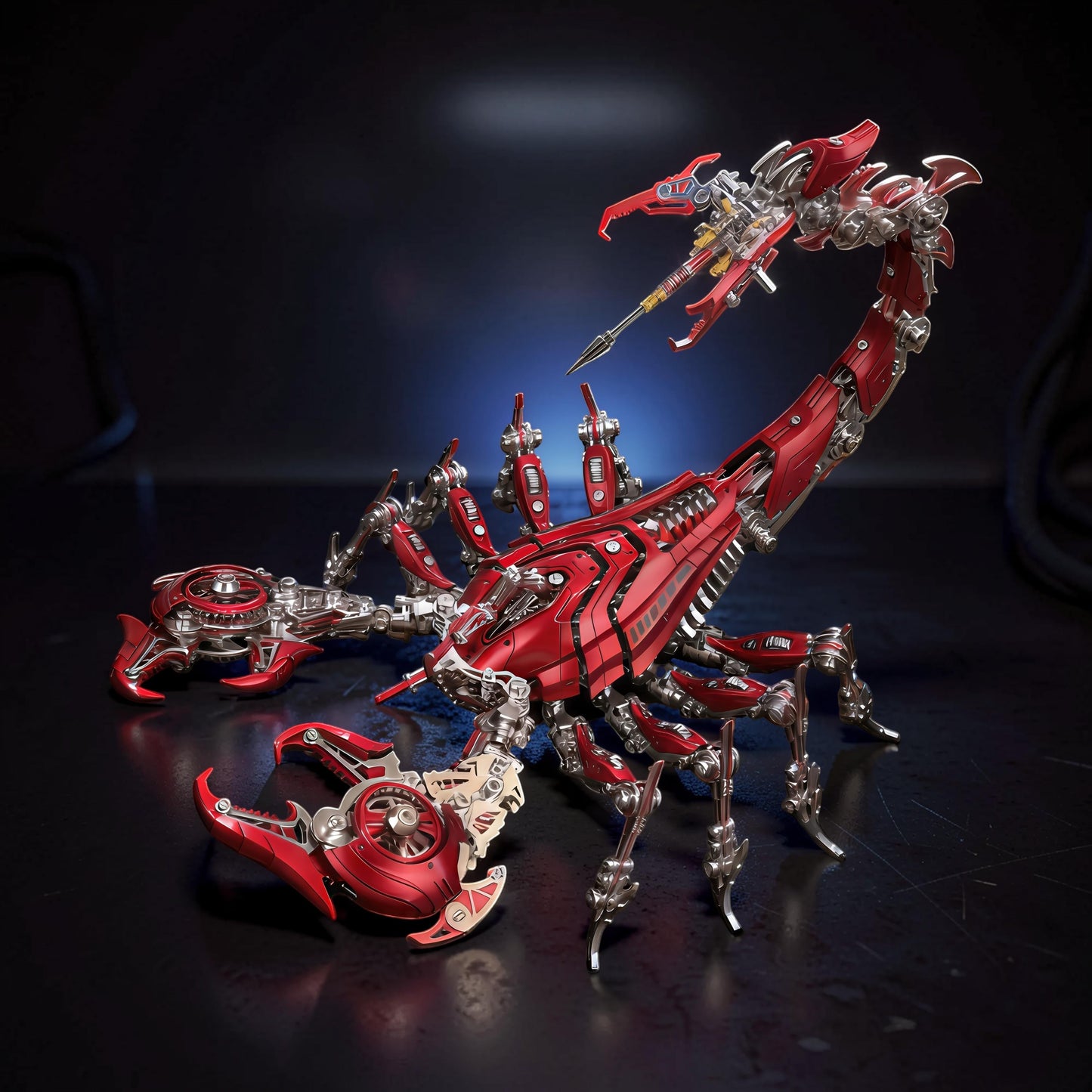 The Curious Mind Red Mechanical War Scorpion King 3D metal model kit with intricate details and articulated limbs.