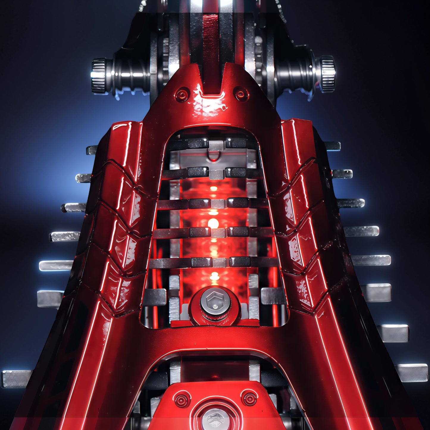 The Curious Mind Blue War Scorpion King 3D metal model kit, featuring intricate metallic details and a glossy red finish with internal red lighting.