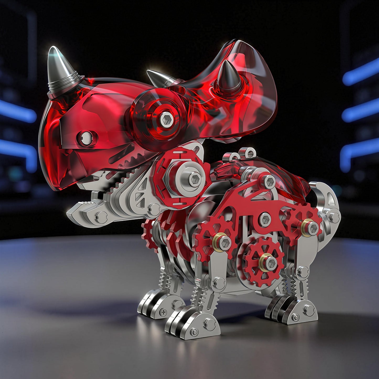 The Curious Mind Red Triceratops 3D metal model kit with intricate gears and metallic finish. Detailed dinosaur model.