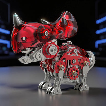 The Curious Mind Red Triceratops 3D metal model kit with intricate gears and metallic finish. Detailed dinosaur model.