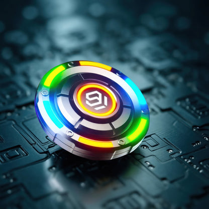 The Curious Mind Nebula RGB Disc Spinner, a sleek metal fidget toy with illuminated accents in blue, green, and yellow.