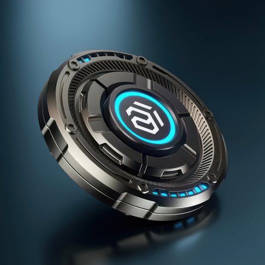 The Curious Mind Nebula RGB Disc Spinner, a sleek metallic fidget toy with illuminated blue accents and a central logo.