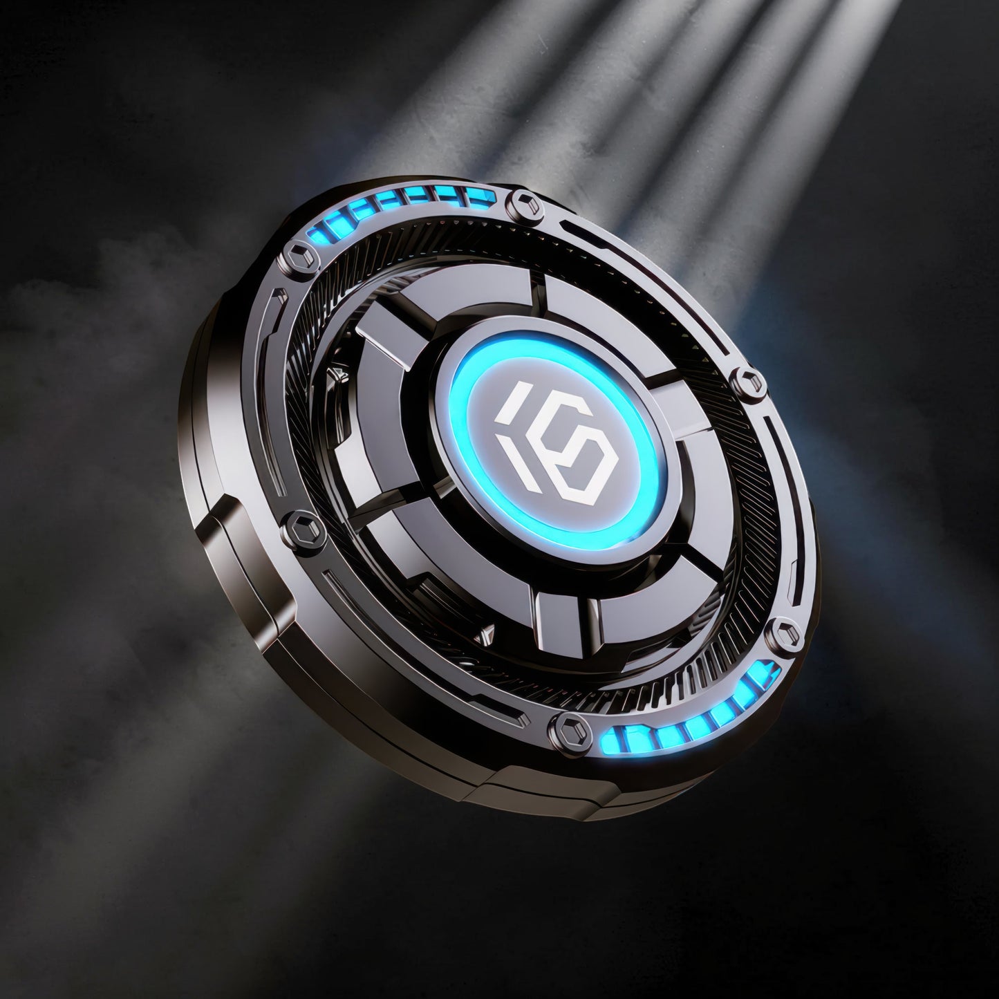 The Curious Mind Nebula RGB Disc Spinner, a sleek metallic fidget toy with blue illuminated accents and a central logo.