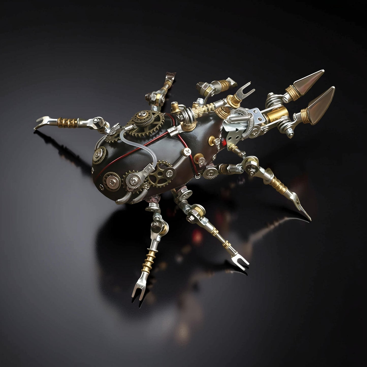 The Curious Mind Rhino Beetle light-up 3D metal model kit, a steampunk-inspired mechanical creature with intricate gears and metallic legs.