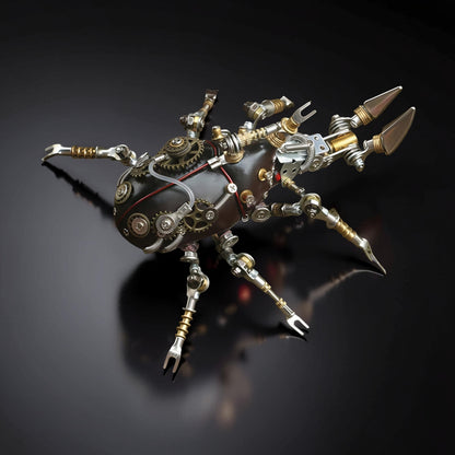 The Curious Mind Rhino Beetle light-up 3D metal model kit, a steampunk-inspired mechanical creature with intricate gears and metallic legs.