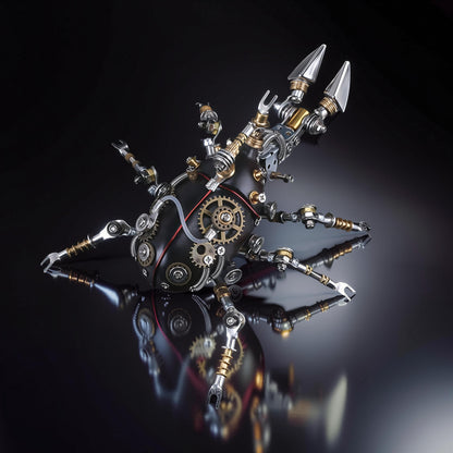 The Curious Mind Rhino Beetle 3D metal model kit with intricate gears, metallic legs, and illuminated details.